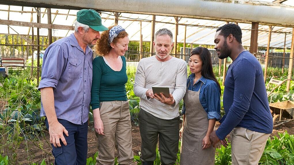 5 Landwirte im Gespräch mit Hilfe eines Tablets