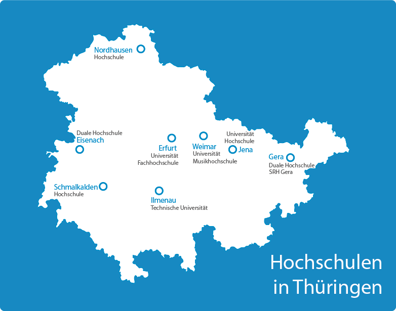 Eine Übersicht über die Standorte der Thüringer Hochschulen auf einer stilisierten Landkarte des Freistaats Thüringen.